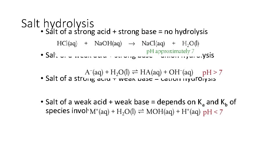 Salt hydrolysis • Salt of a strong acid + strong base = no hydrolysis