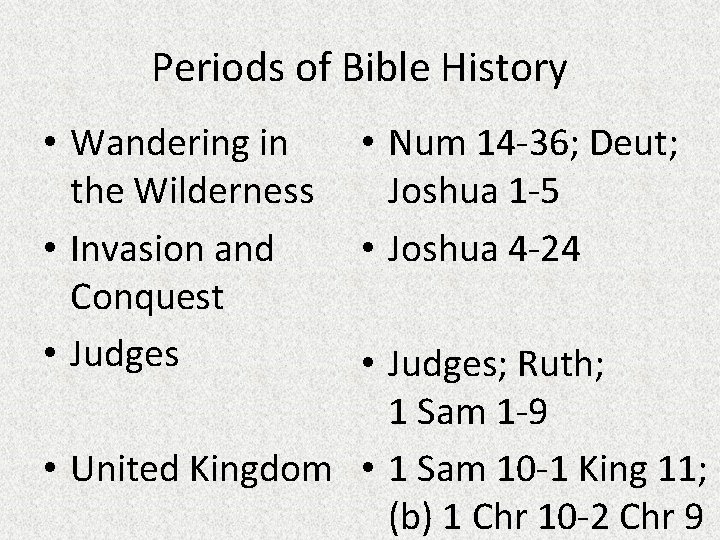 Periods of Bible History • Wandering in the Wilderness • Invasion and Conquest •