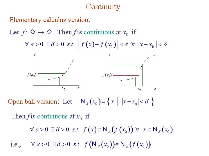 Continuity Elementary calculus version: Let f : R → R. Then f is continuous