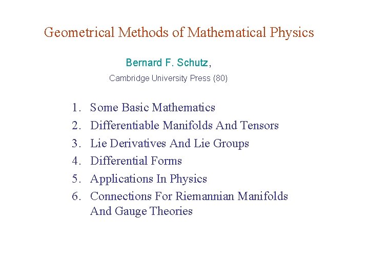 Geometrical Methods of Mathematical Physics Bernard F. Schutz, Cambridge University Press (80) 1. 2.