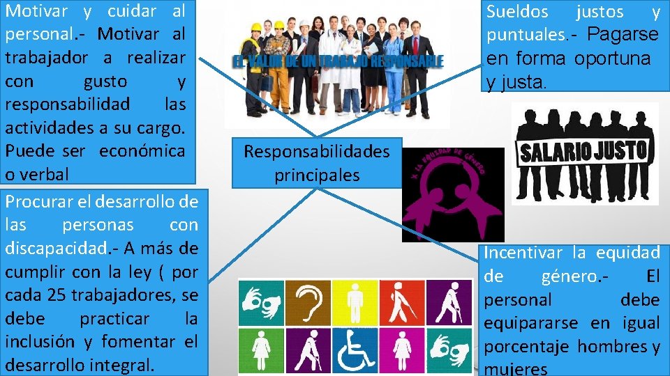 Motivar y cuidar al personal. - Motivar al trabajador a realizar con gusto y