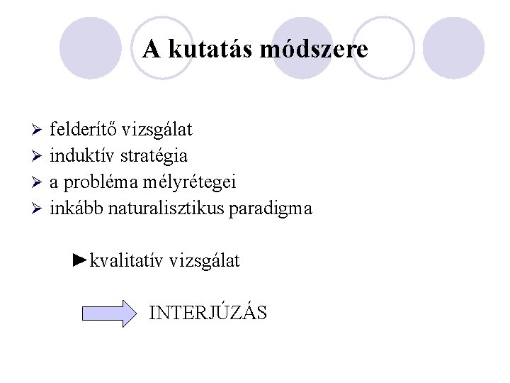 A kutatás módszere felderítő vizsgálat Ø induktív stratégia Ø a probléma mélyrétegei Ø inkább