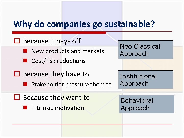 Why do companies go sustainable? o Because it pays off n New products and