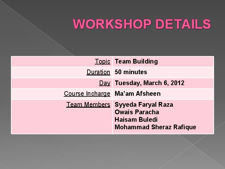 WORKSHOP DETAILS Topic Team Building Duration 50 minutes Day Tuesday, March 6, 2012 Course