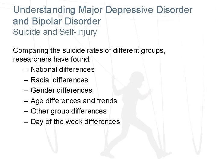 Understanding Major Depressive Disorder and Bipolar Disorder Suicide and Self-Injury Comparing the suicide rates Understanding Major Depressive Disorder and Bipolar Disorder Suicide and Self-Injury Comparing the suicide rates