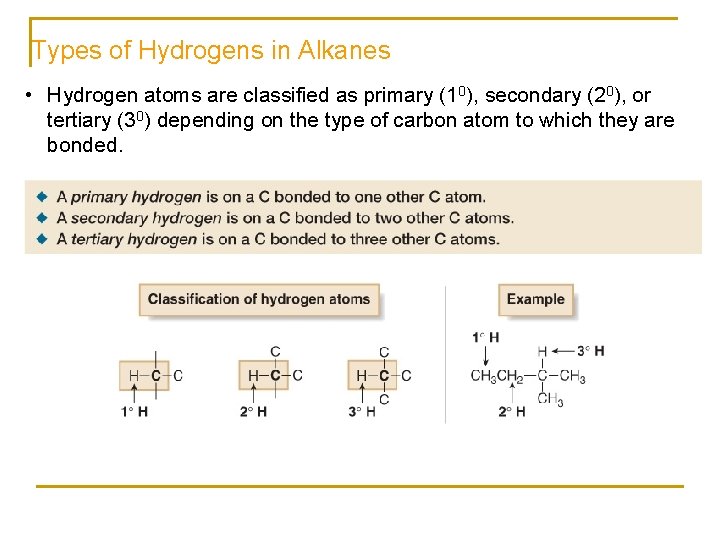 Types of Hydrogens in Alkanes • Hydrogen atoms are classified as primary (10), secondary