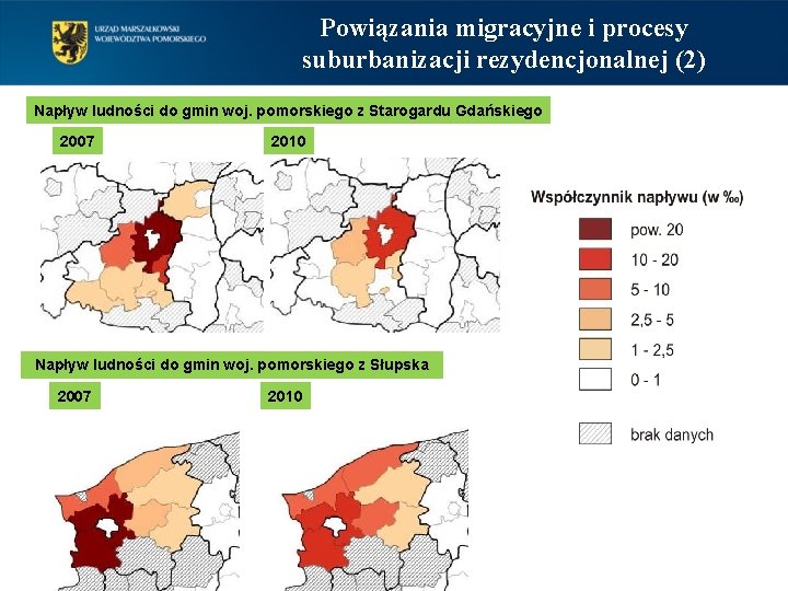 Powiązania migracyjne i procesy suburbanizacji rezydencjonalnej (2) Napływ ludności do gmin woj. pomorskiego z