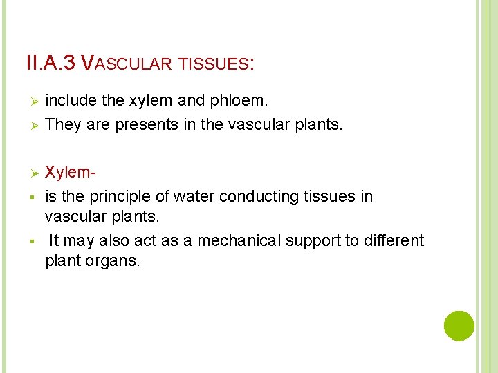 II. A. 3 VASCULAR TISSUES: Ø Ø Ø § § include the xylem and