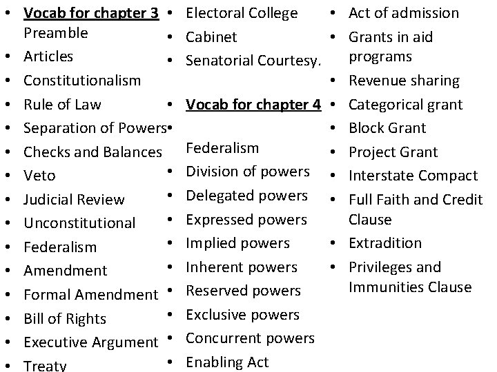  • Vocab for chapter 3 • Preamble • • Articles • • Constitutionalism