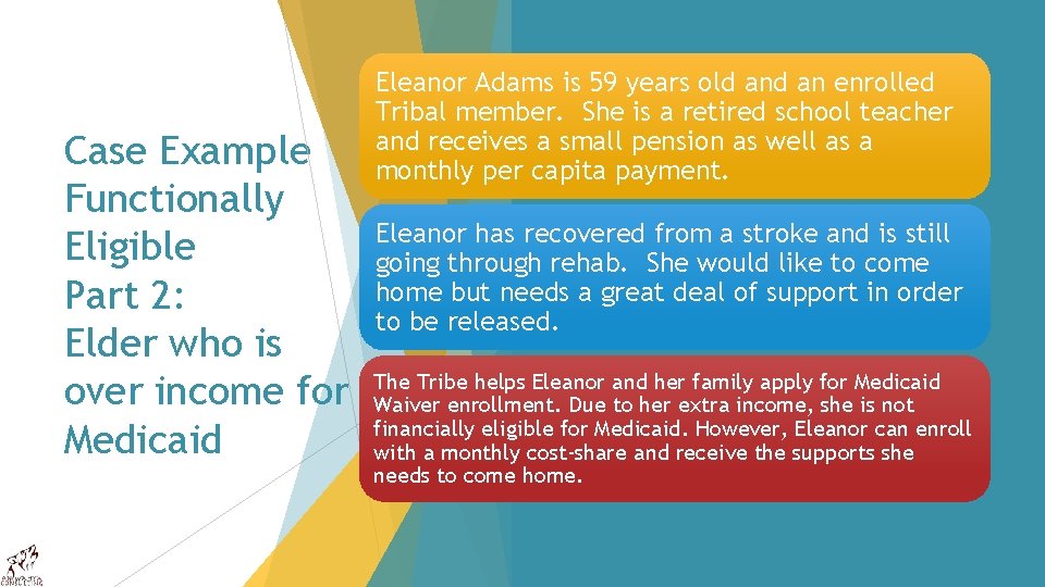 Case Example Functionally Eligible Part 2: Elder who is over income for Medicaid Eleanor