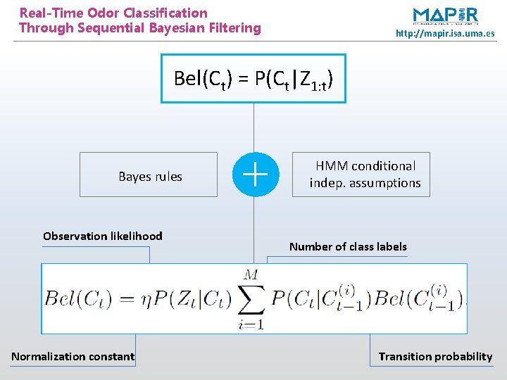 Real-Time Odor Classification Through Sequential Bayesian Filtering http: //mapir. isa. uma. es Bel(Ct) =