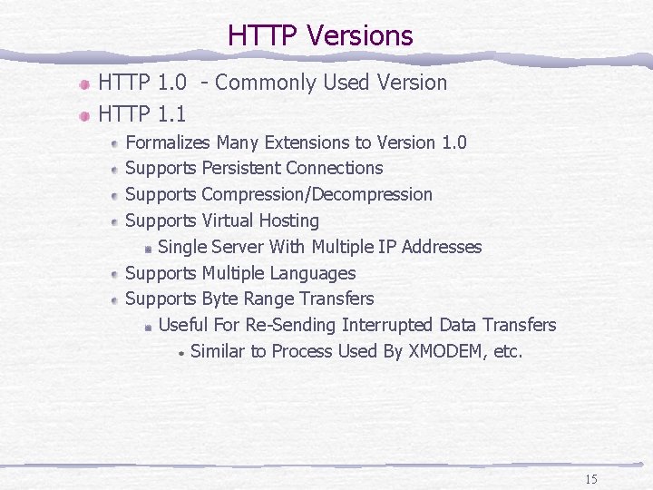HTTP Versions HTTP 1. 0 - Commonly Used Version HTTP 1. 1 Formalizes Many