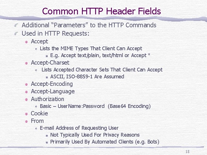 Common HTTP Header Fields Additional “Parameters” to the HTTP Commands Used in HTTP Requests: