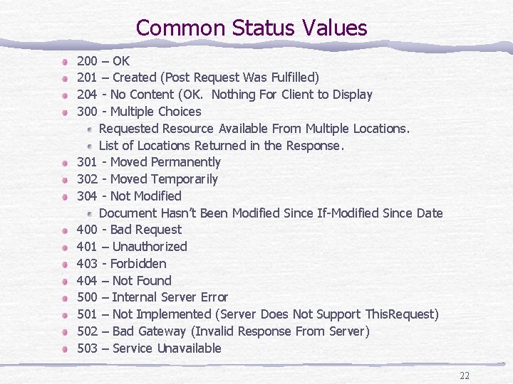Common Status Values 200 201 204 300 – OK – Created (Post Request Was
