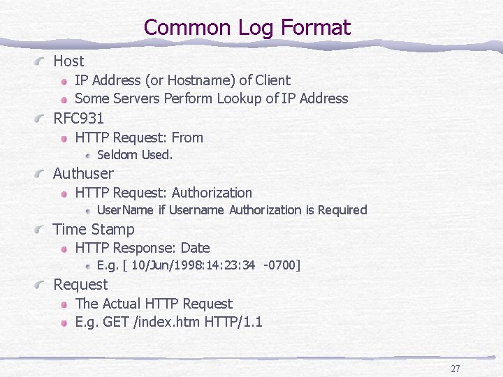 Common Log Format Host IP Address (or Hostname) of Client Some Servers Perform Lookup