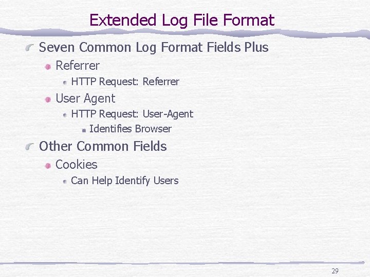 Extended Log File Format Seven Common Log Format Fields Plus Referrer HTTP Request: Referrer