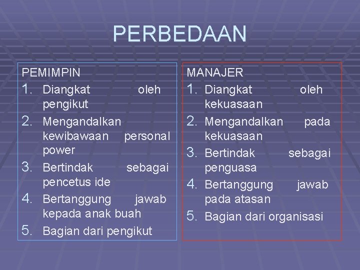 PERBEDAAN PEMIMPIN 1. Diangkat oleh pengikut 2. Mengandalkan kewibawaan personal power 3. Bertindak sebagai