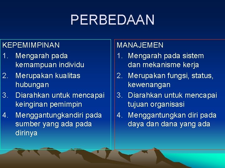 PERBEDAAN KEPEMIMPINAN 1. Mengarah pada kemampuan individu 2. Merupakan kualitas hubungan 3. Diarahkan untuk