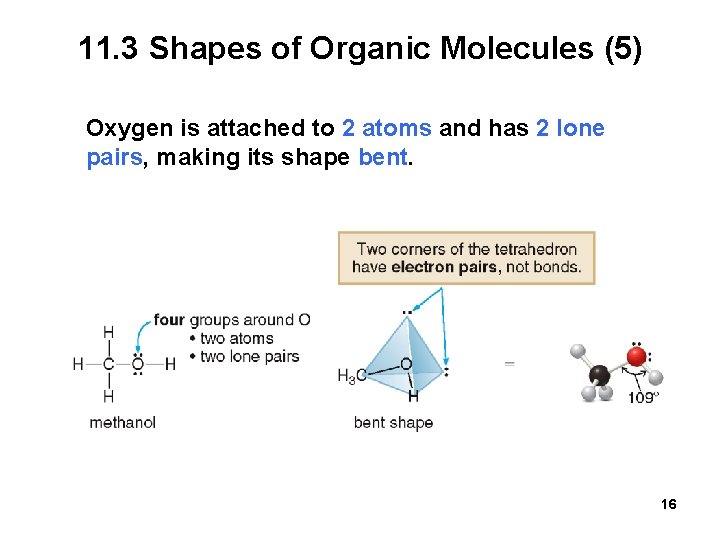 11. 3 Shapes of Organic Molecules (5) Oxygen is attached to 2 atoms and