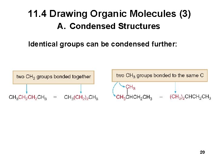 11. 4 Drawing Organic Molecules (3) A. Condensed Structures Identical groups can be condensed
