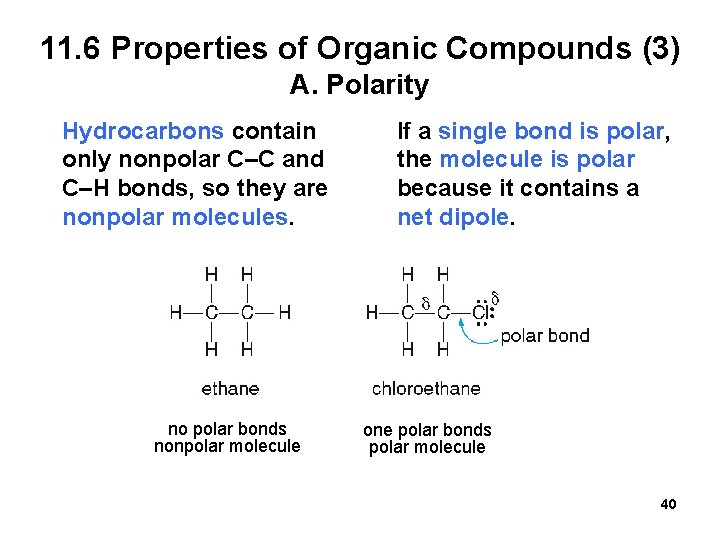 11. 6 Properties of Organic Compounds (3) A. Polarity Hydrocarbons contain only nonpolar C–C