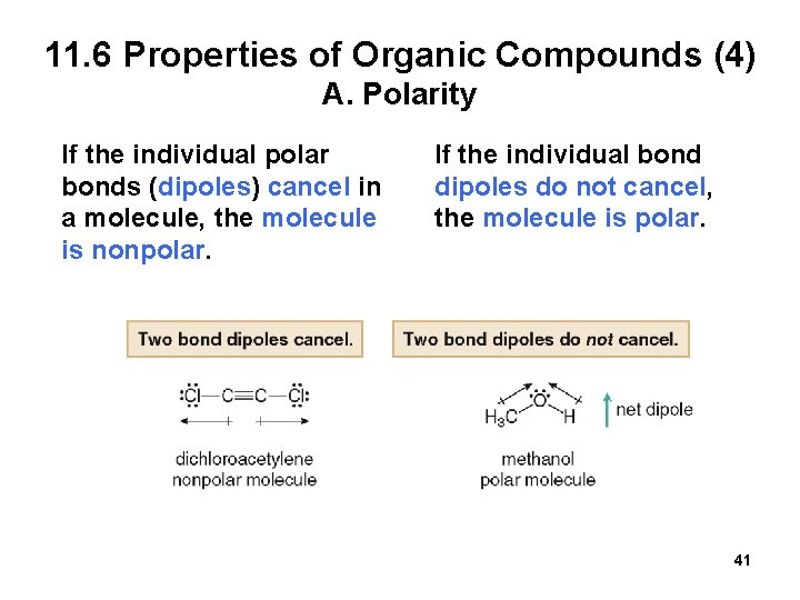 11. 6 Properties of Organic Compounds (4) A. Polarity If the individual polar bonds
