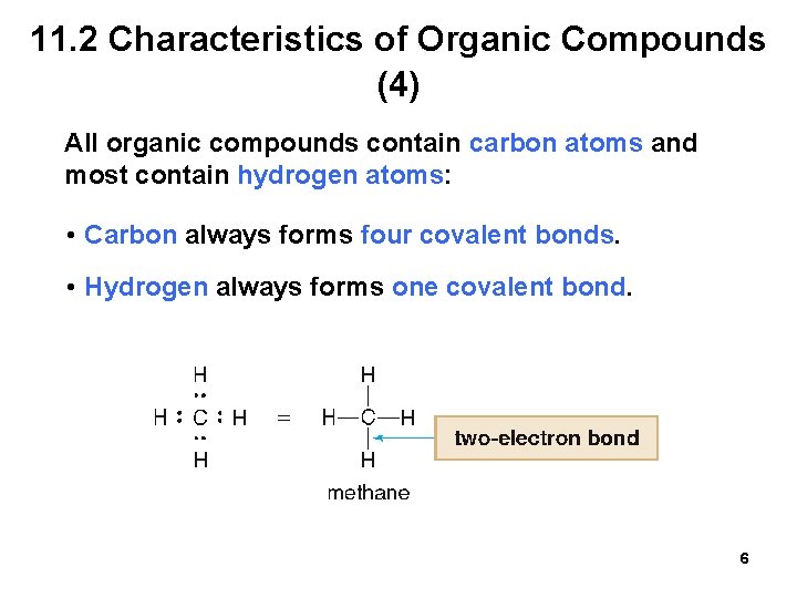 11. 2 Characteristics of Organic Compounds (4) All organic compounds contain carbon atoms and