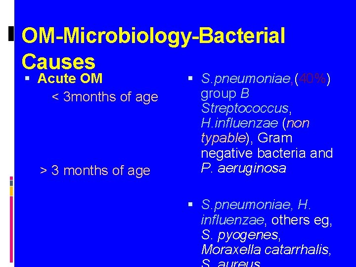 OM-Microbiology-Bacterial Causes Acute OM < 3 months of age > 3 months of age