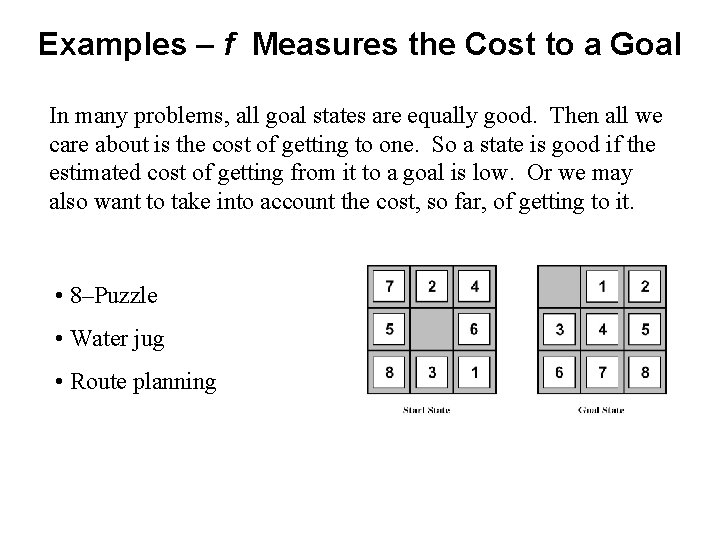 Examples – f Measures the Cost to a Goal In many problems, all goal