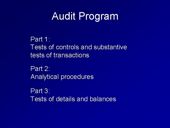 Audit Program Part 1: Tests of controls and substantive tests of transactions Part 2: