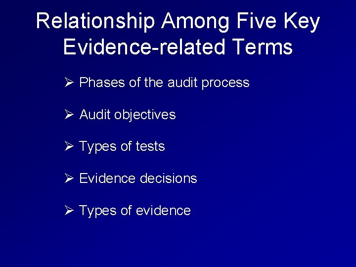 Relationship Among Five Key Evidence-related Terms Ø Phases of the audit process Ø Audit