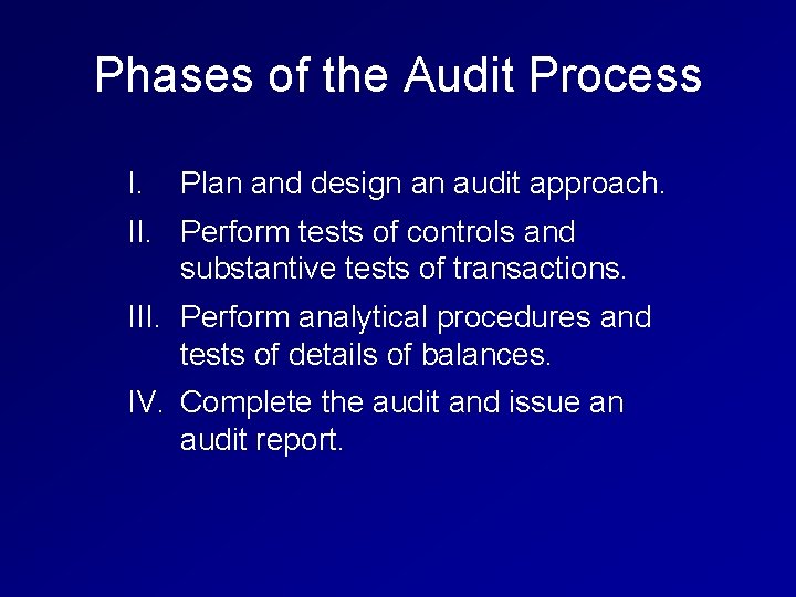 Phases of the Audit Process I. Plan and design an audit approach. II. Perform