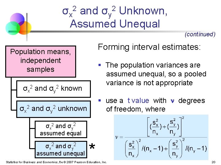 σx 2 and σy 2 Unknown, Assumed Unequal (continued) Forming interval estimates: Population means,
