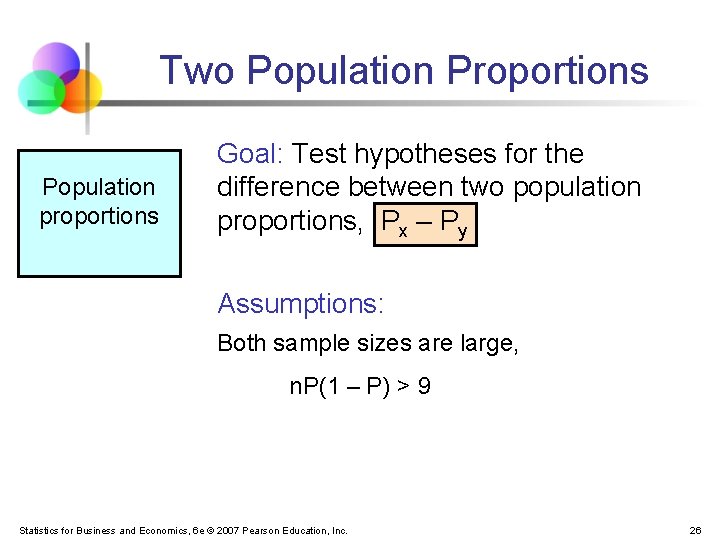 Two Population Proportions Population proportions Goal: Test hypotheses for the difference between two population