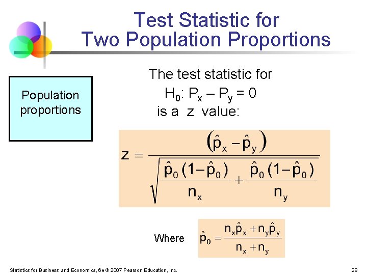 Test Statistic for Two Population Proportions Population proportions The test statistic for H 0:
