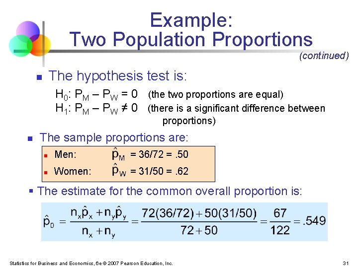 Example: Two Population Proportions (continued) The hypothesis test is: n H 0: PM –