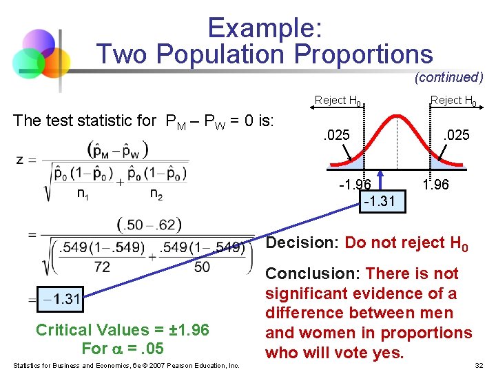 Example: Two Population Proportions (continued) The test statistic for PM – PW = 0
