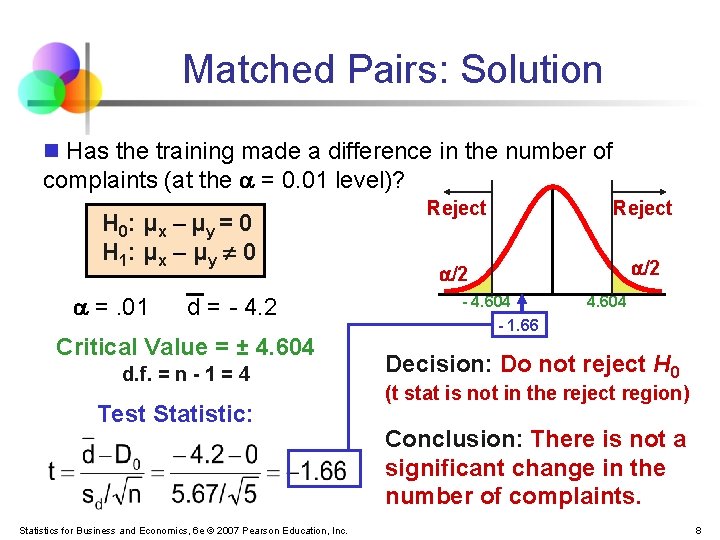 Matched Pairs: Solution n Has the training made a difference in the number of