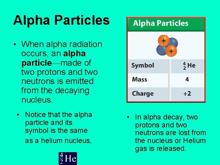 Alpha Particles • When alpha radiation occurs, an alpha particle made of two protons