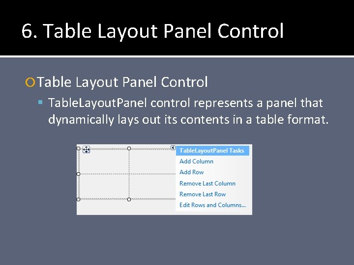 6. Table Layout Panel Control Table. Layout. Panel control represents a panel that dynamically