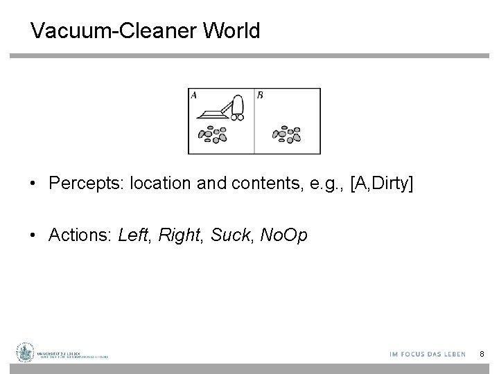 Vacuum-Cleaner World • Percepts: location and contents, e. g. , [A, Dirty] • Actions: