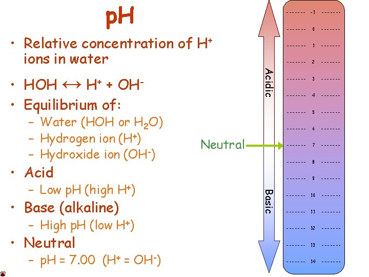 p. H • HOH ↔ + • Equilibrium of: H+ OH- – Water (HOH