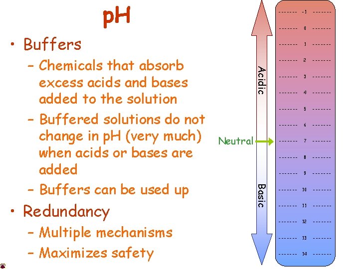 p. H • Buffers – Multiple mechanisms – Maximizes safety Neutral Basic • Redundancy