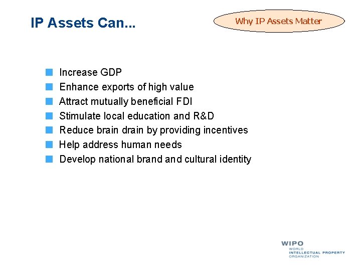 IP Assets Can. . . Why IP Assets Matter Increase GDP Enhance exports of