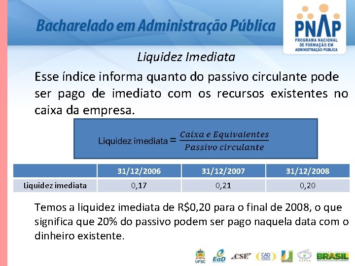 Liquidez Imediata Esse índice informa quanto do passivo circulante pode ser pago de imediato