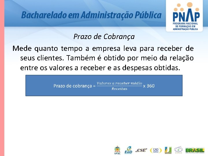 Prazo de Cobrança Mede quanto tempo a empresa leva para receber de seus clientes.