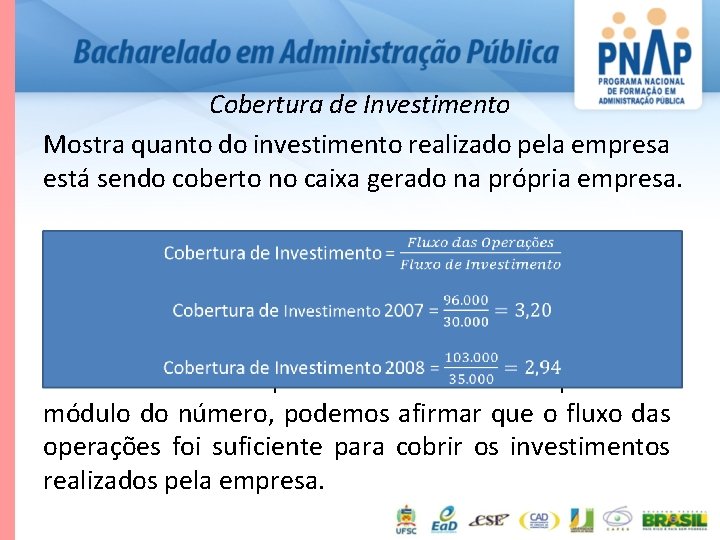 Cobertura de Investimento Mostra quanto do investimento realizado pela empresa está sendo coberto no