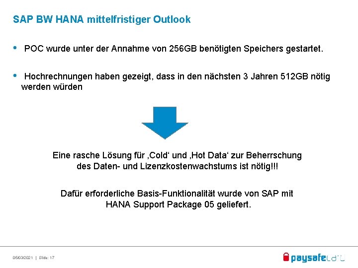 SAP BW HANA mittelfristiger Outlook • POC wurde unter der Annahme von 256 GB