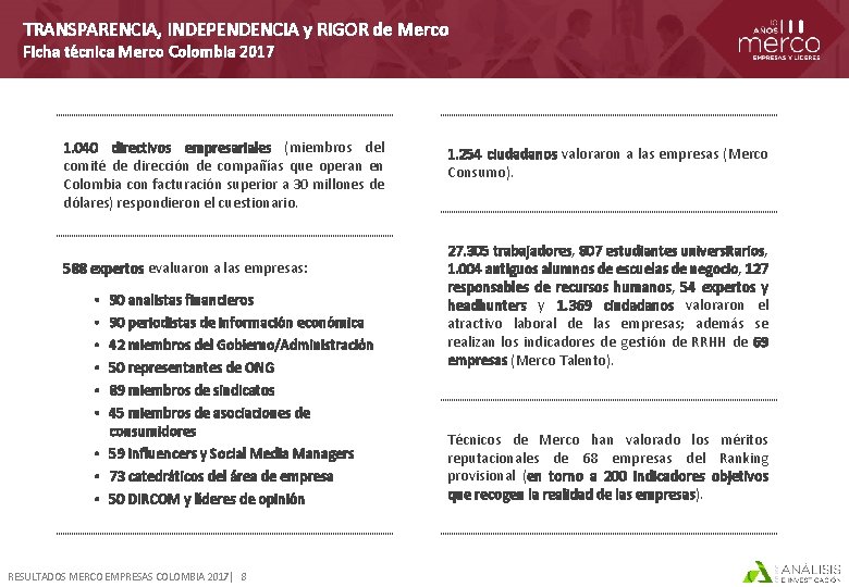 TRANSPARENCIA, INDEPENDENCIA y RIGOR de Merco Ficha técnica Merco Colombia 2017 1. 040 directivos