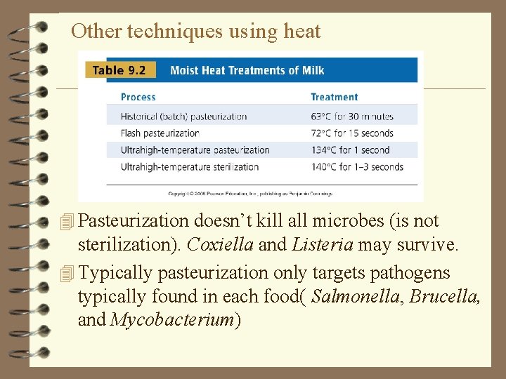 Other techniques using heat 4 Pasteurization doesn’t kill all microbes (is not sterilization). Coxiella